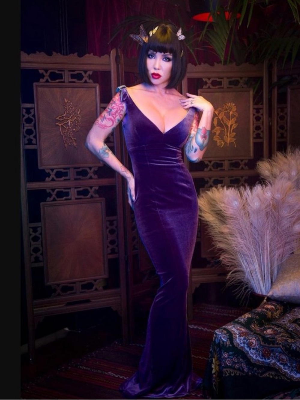 LAURA BYRNES PINUP GIRL CLOTHING Plus Size Purple Velvet Gown with Shrug Size 2X